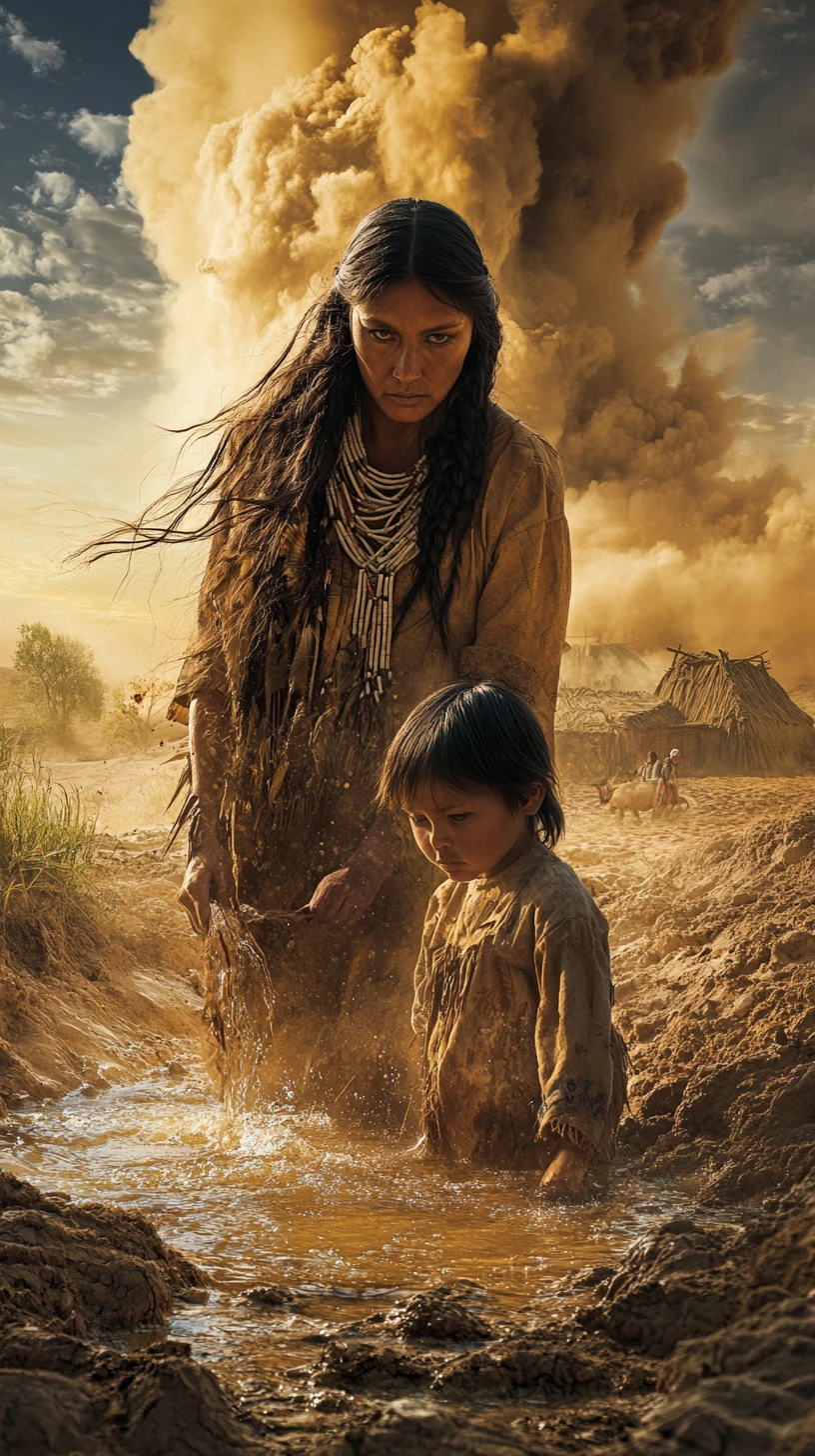 Mujer y niña nativas americanas recogiendo agua en el desierto