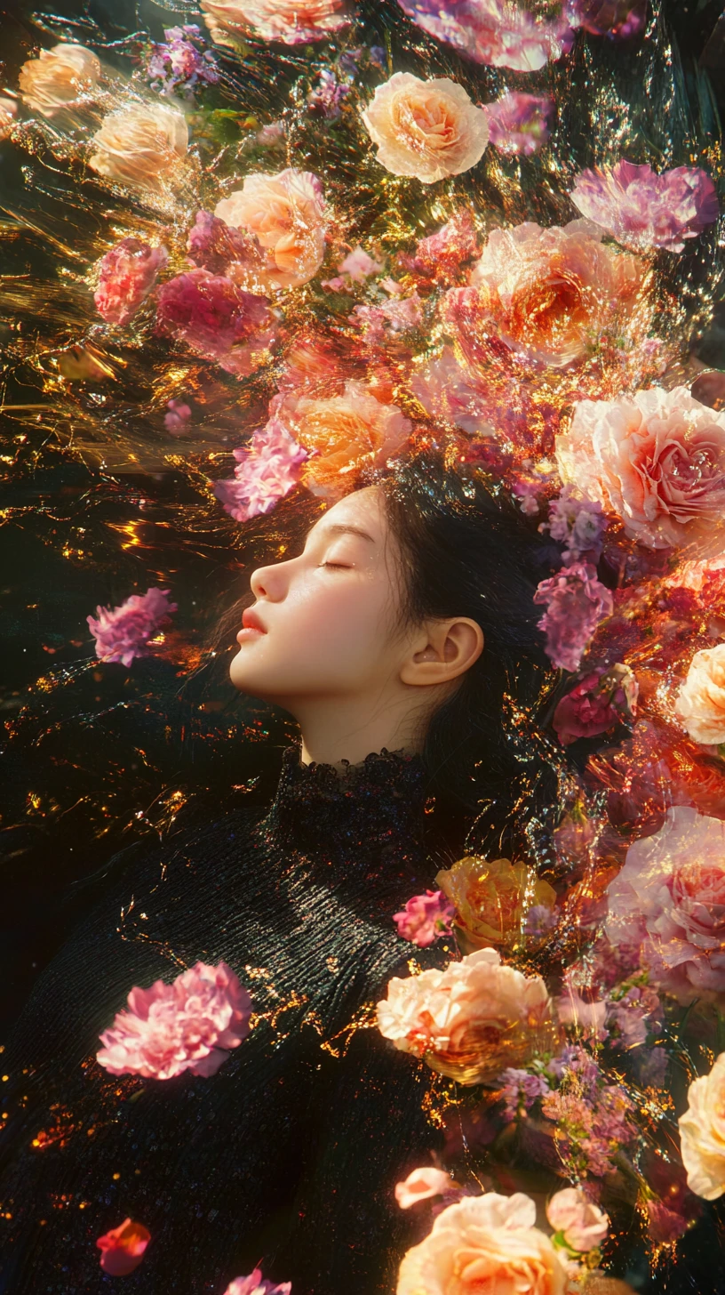 Chica surreal de pétalos en una explosión floral fractal