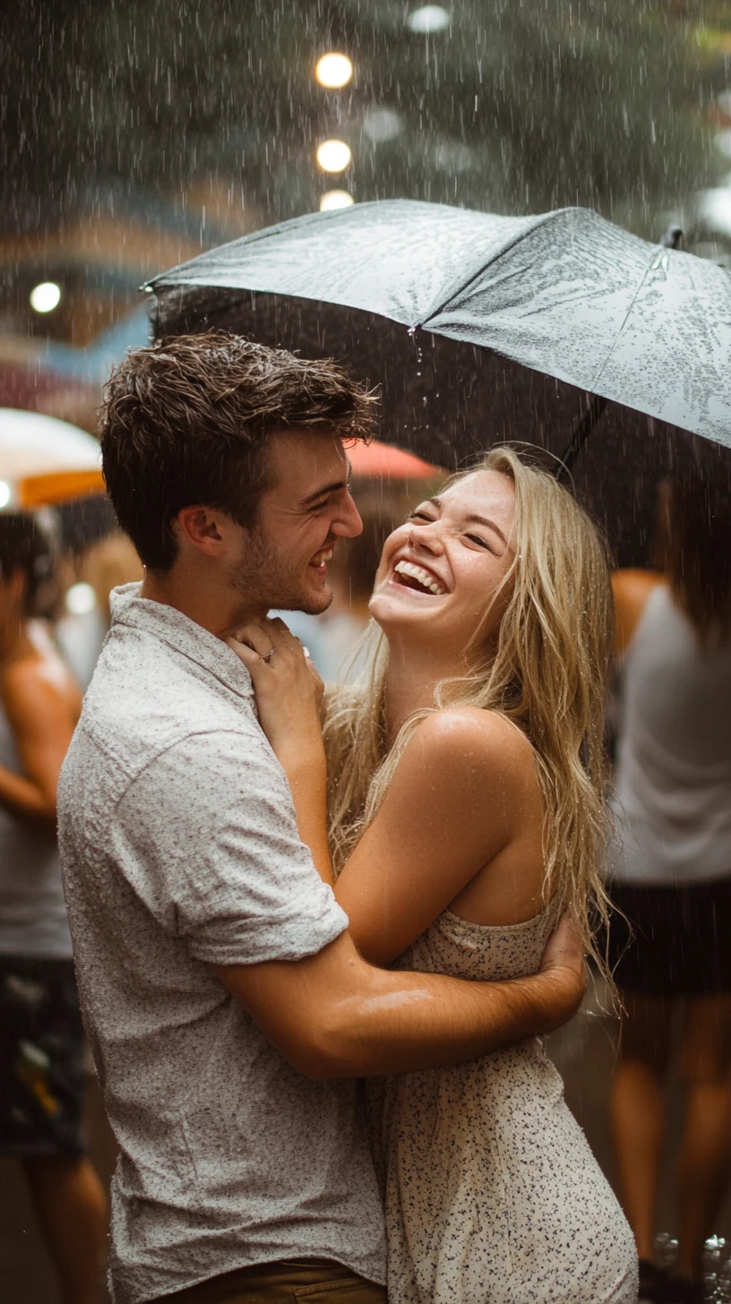Pareja rubia riendo bajo la lluvia en un mercado de agricultores al aire libre