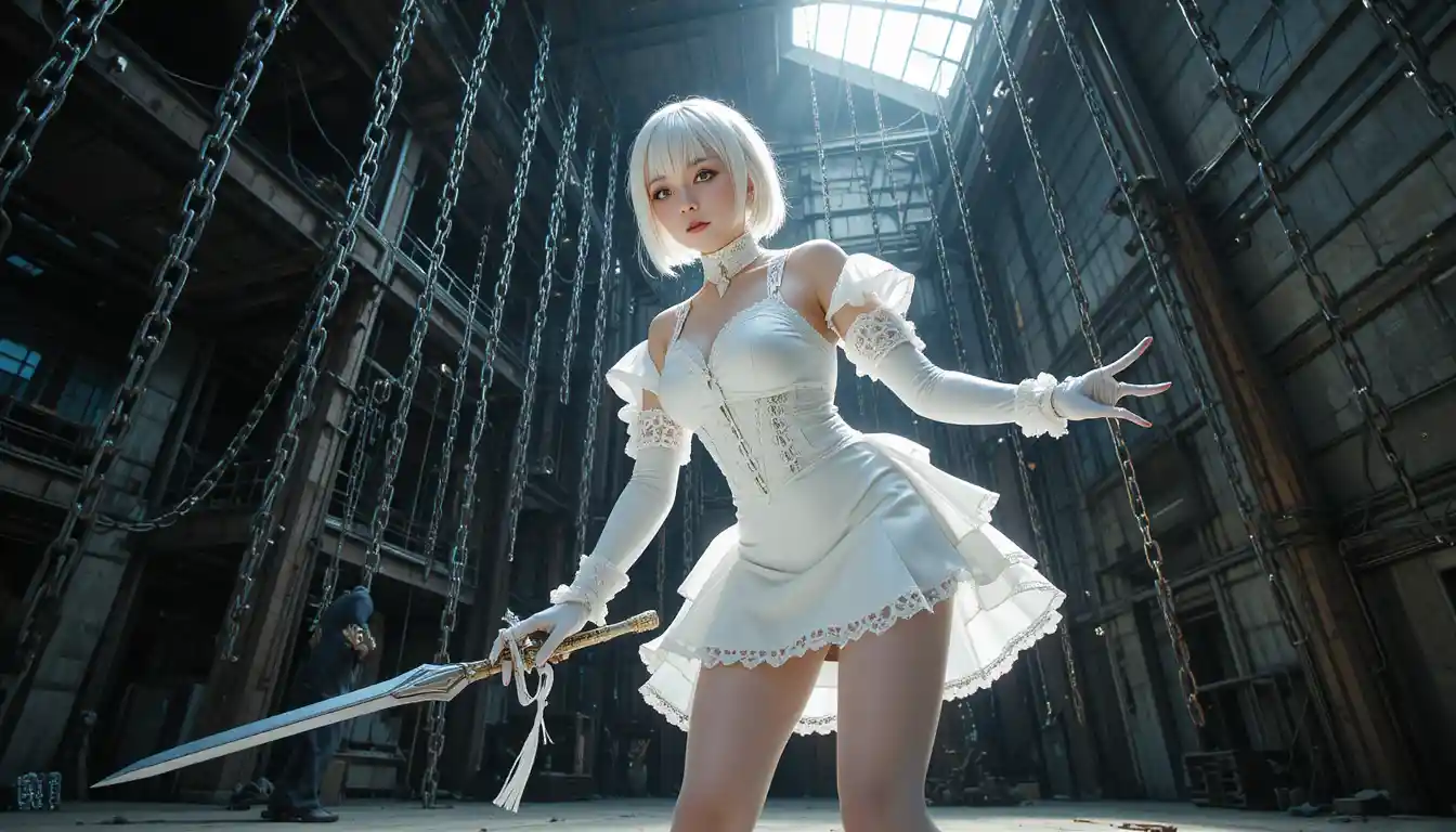 Android swordswoman in white cosplay in industrial warehouse