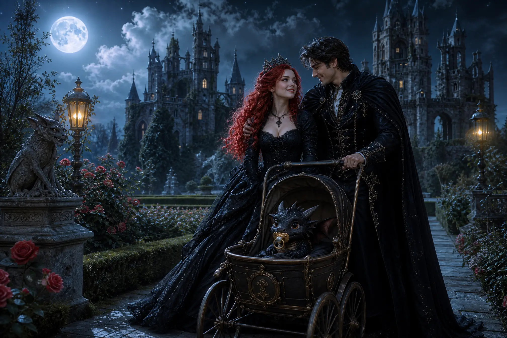Princess and prince strolling through a moonlit palace garden