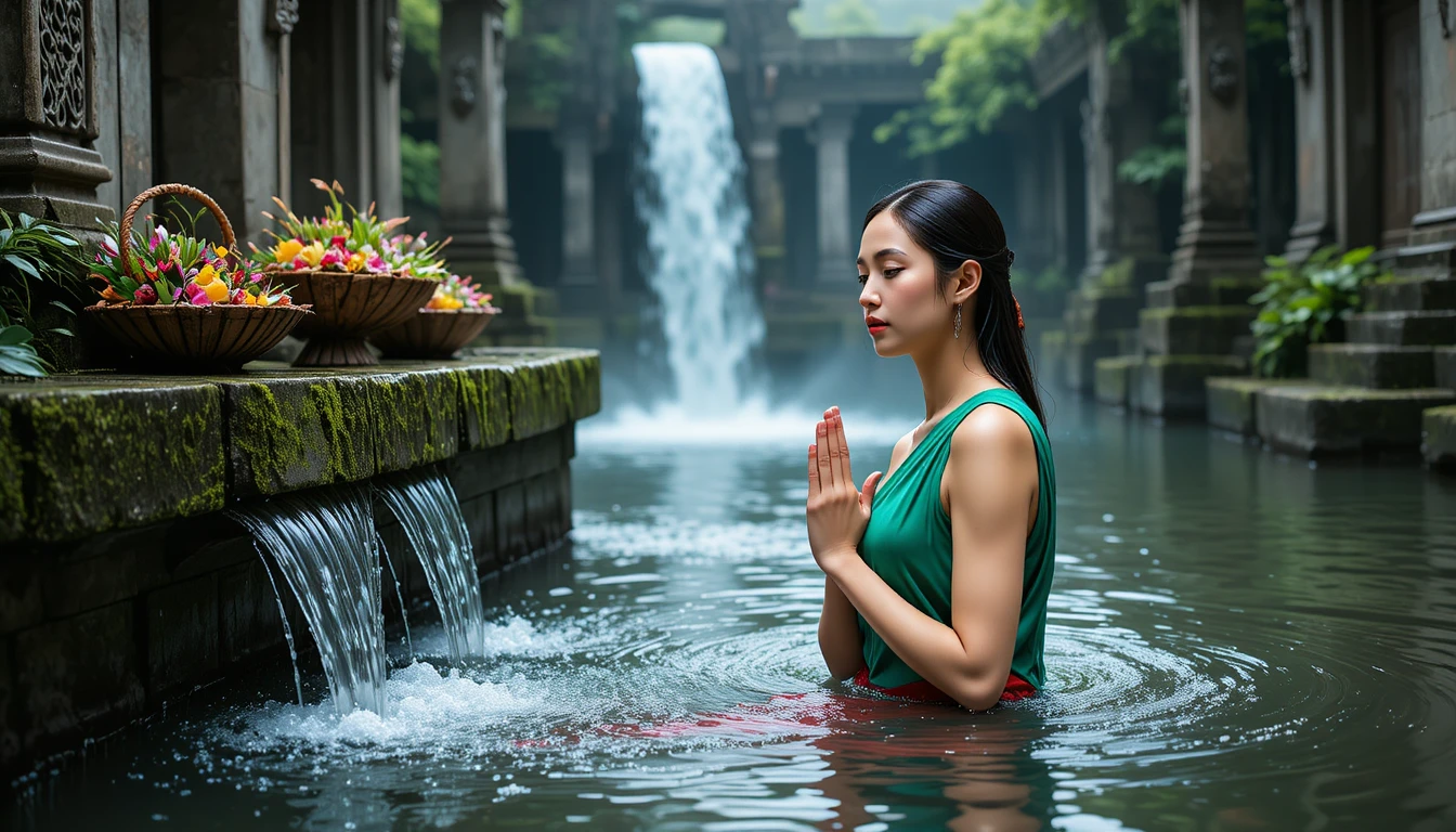 年輕女子在古老石寺的水中祈禱