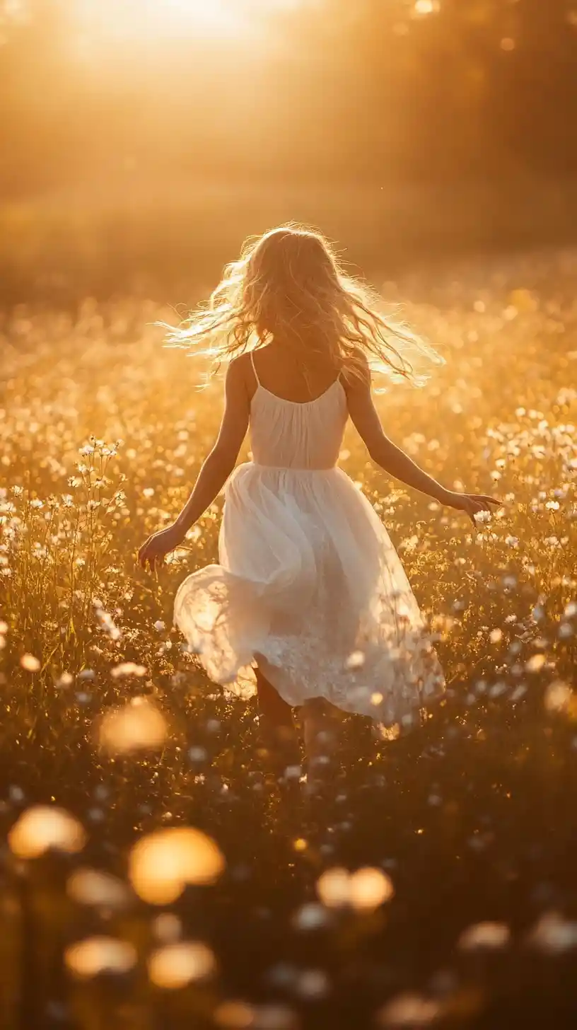 Niña con vestido blanco corriendo por un prado de flores bañado por el sol