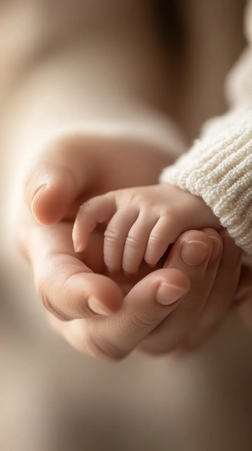 Manos de bebé sosteniendo dedos de adulto bajo una luz cálida y suave