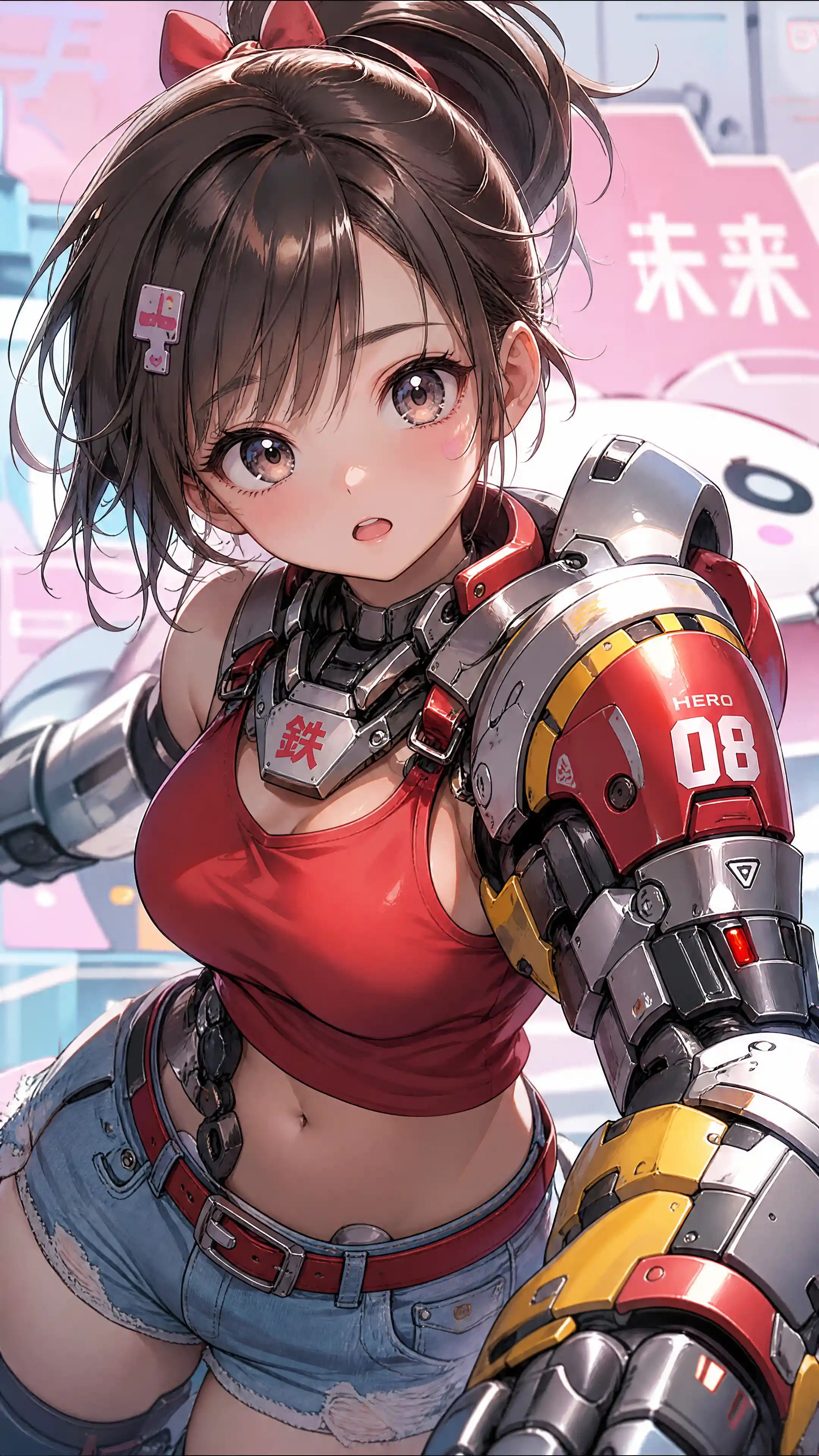 Anime girl close up in red armor and denim shorts