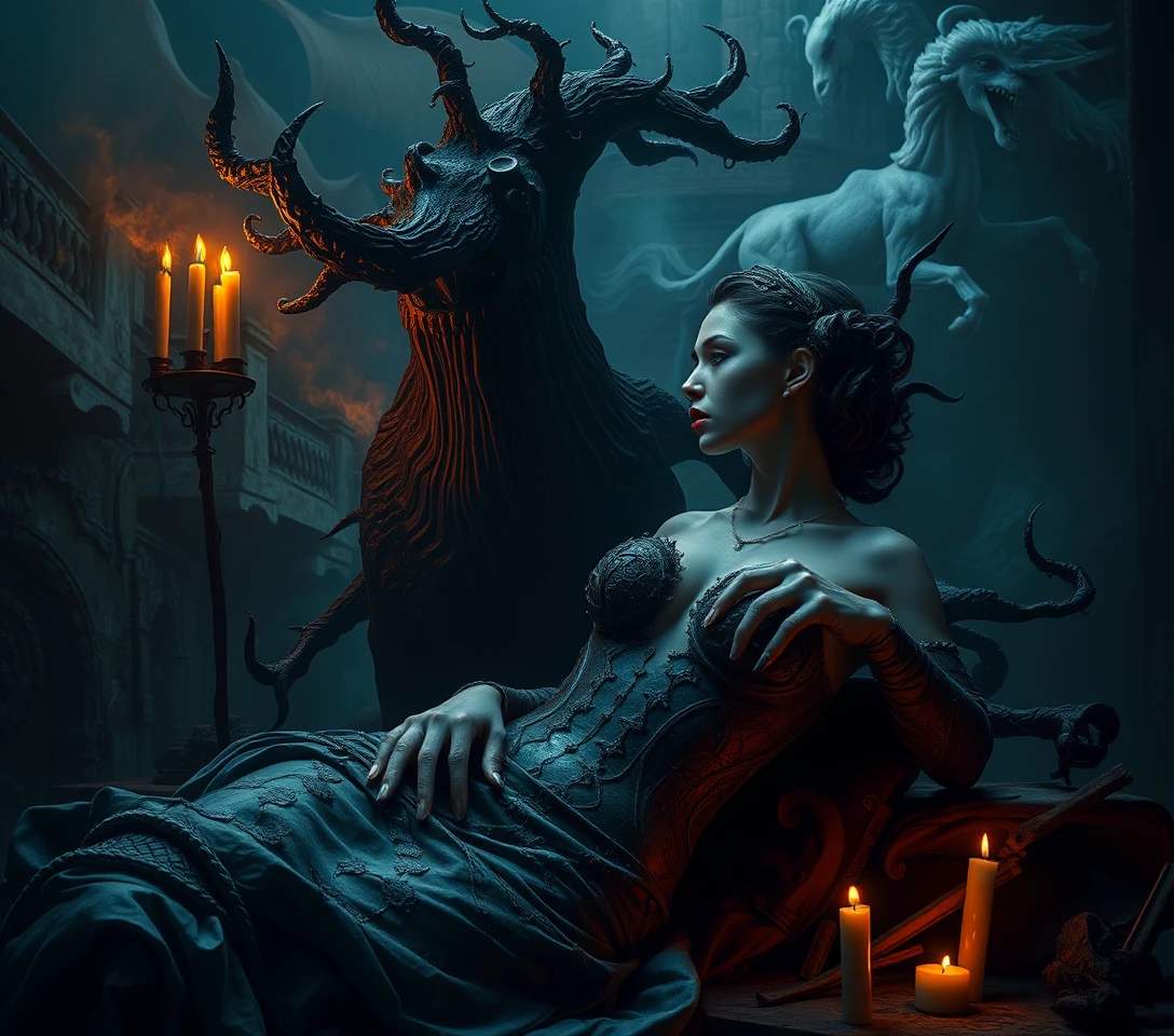 Escena mística surreal con misteriosos elementos simbólicos