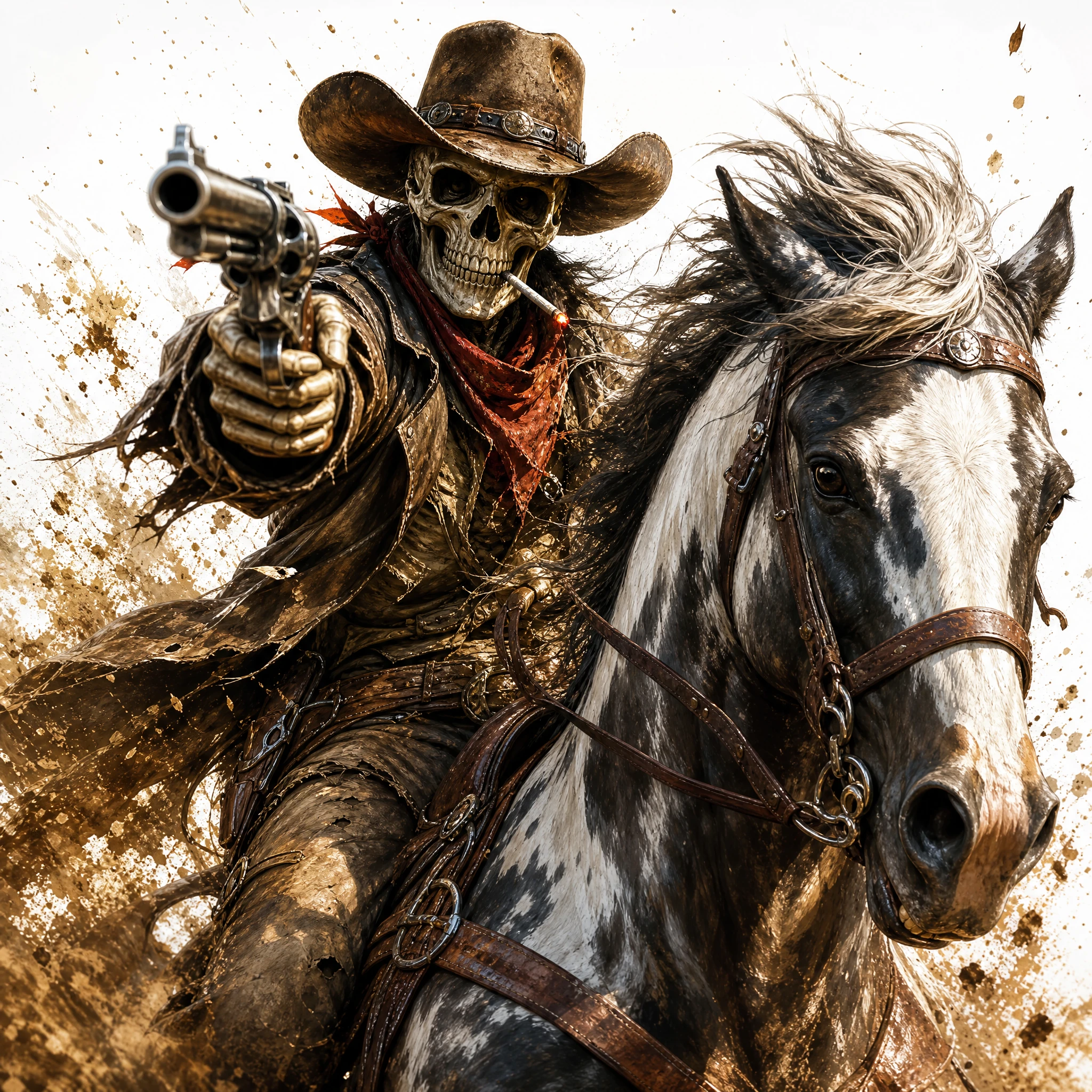 Vaquero esqueleto cargando hacia adelante con la pistola en mano