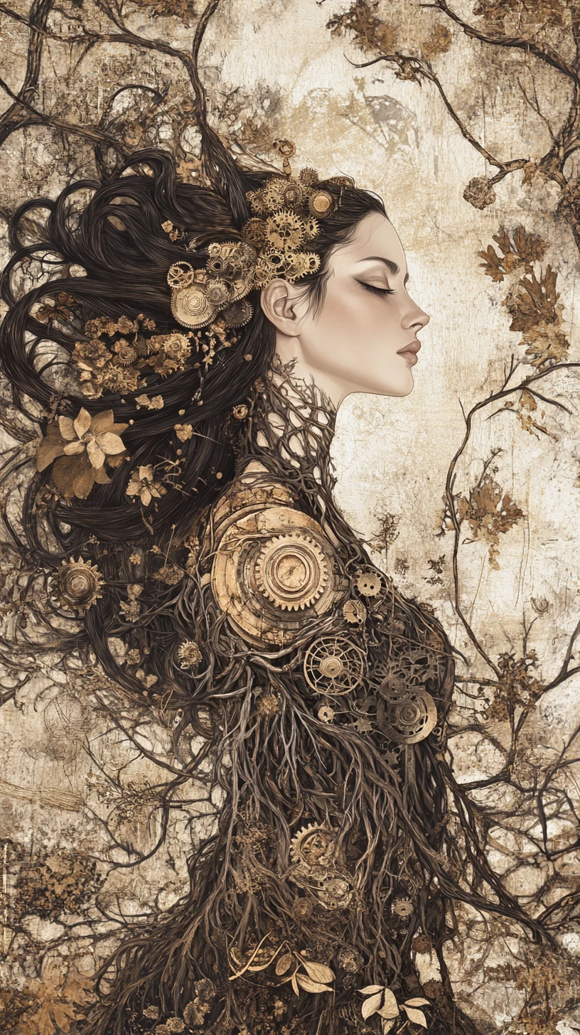 Mujer regia surreal fusionada con engranajes y enredaderas espinosas
