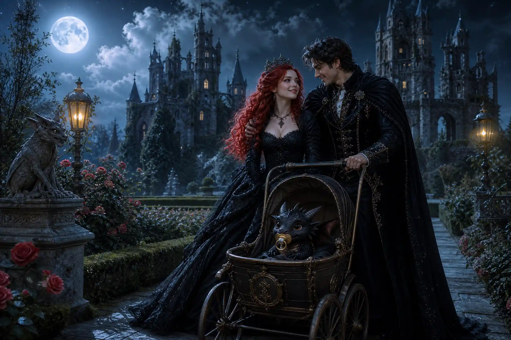 Princess and prince strolling through a moonlit palace garden