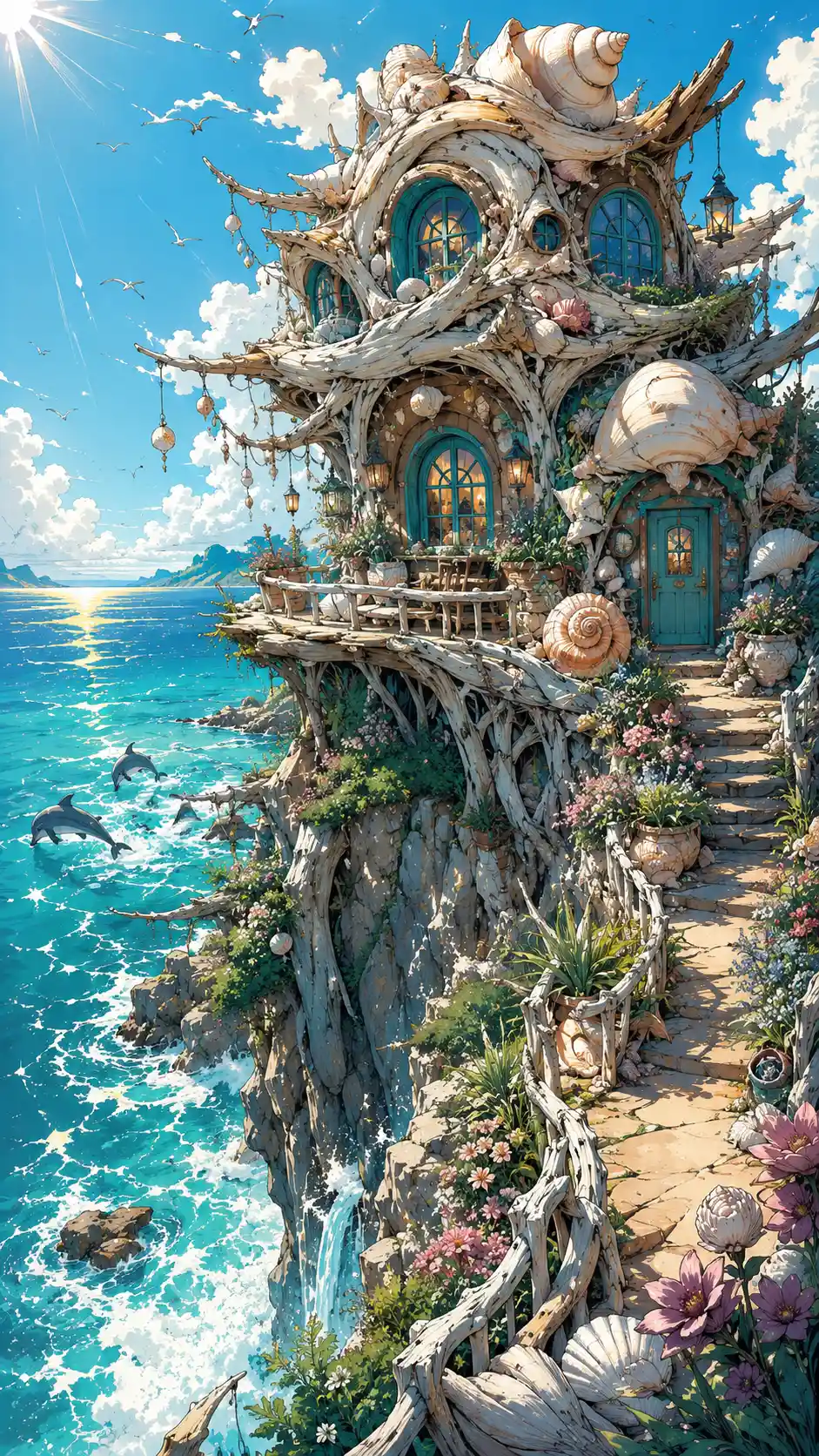 明亮碧藍海面之上的夢幻浮木小屋