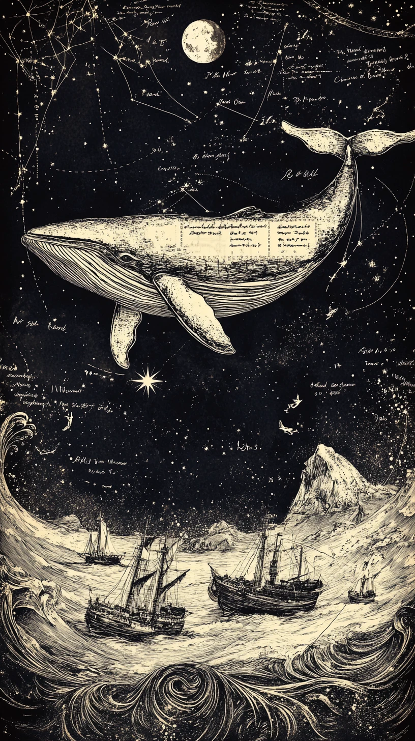 Ballena colosal nadando a través de un océano surrealista de líneas de tiempo