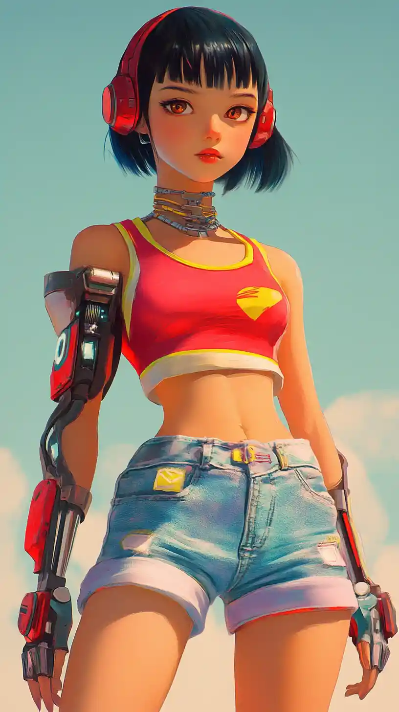 Cute anime girl in armor with pastel cyber backdrop