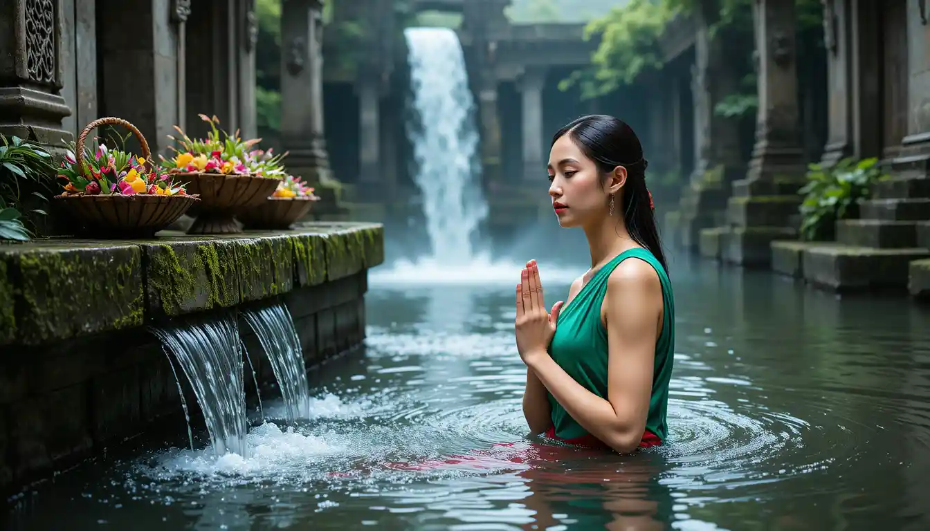 古代の石造寺院で水に浸かり祈る若い女性