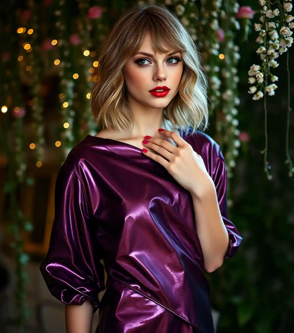 Frau in metallisch violettem Kleid im sanften Innenlicht