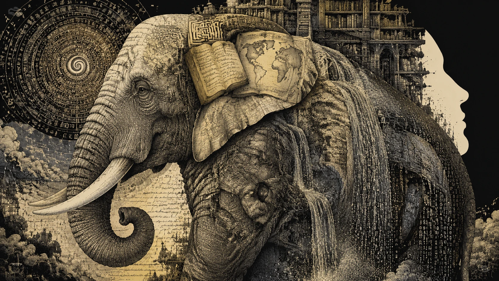 Elefante antiguo hecho de bibliotecas, mapas, diarios y datos