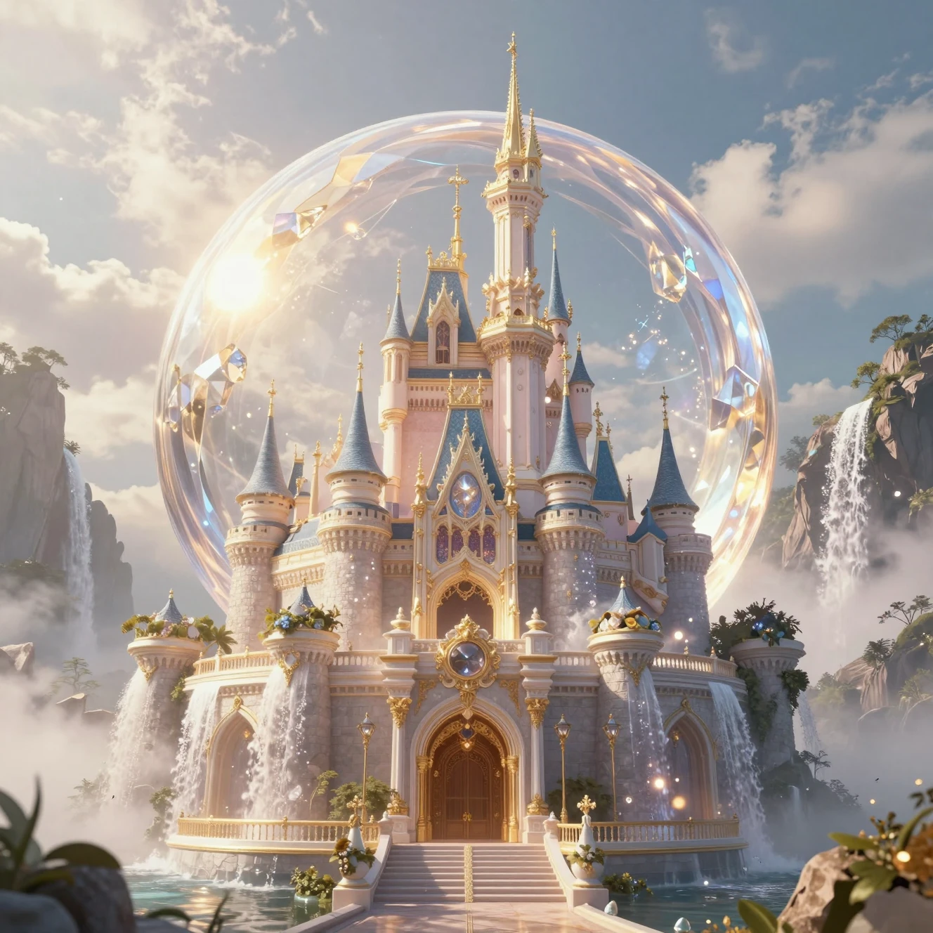 Castillo antiguo en un orbe de cristal brillante sobre cataratas