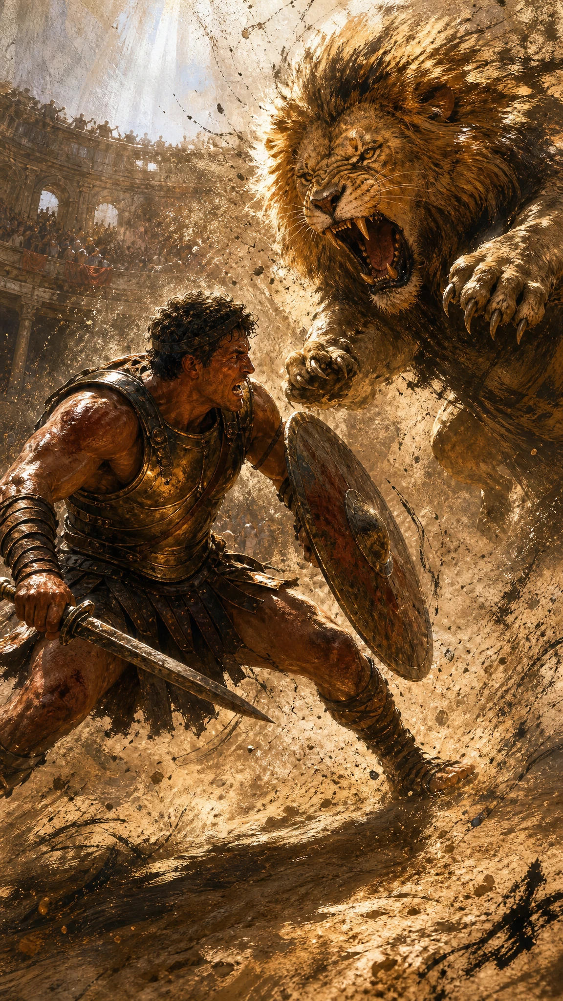 Gladiador romano frente a un león que se lanza sobre él en una arena polvorienta