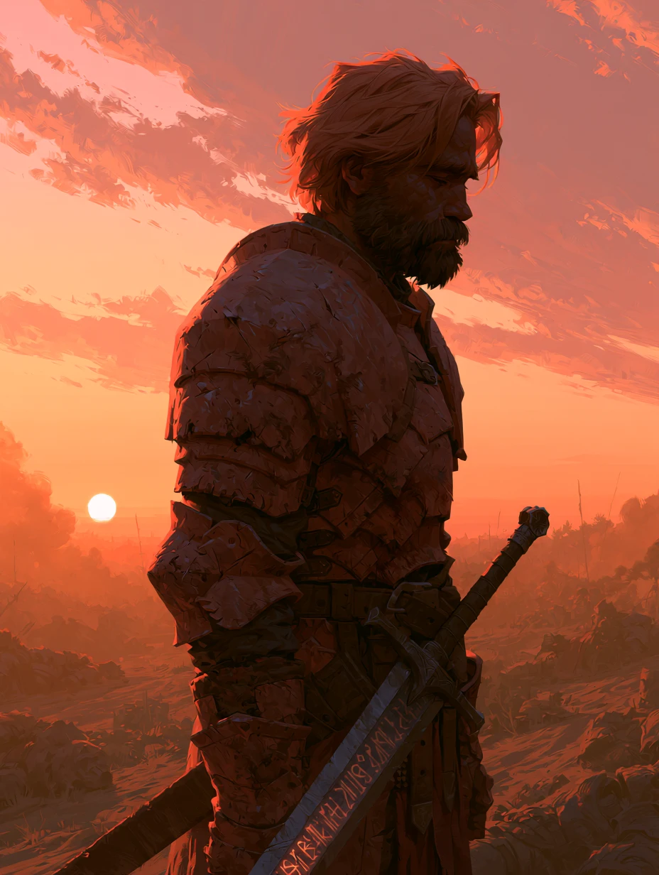 Paladín curtido en batalla de pie y victorioso en un campo de batalla al atardecer