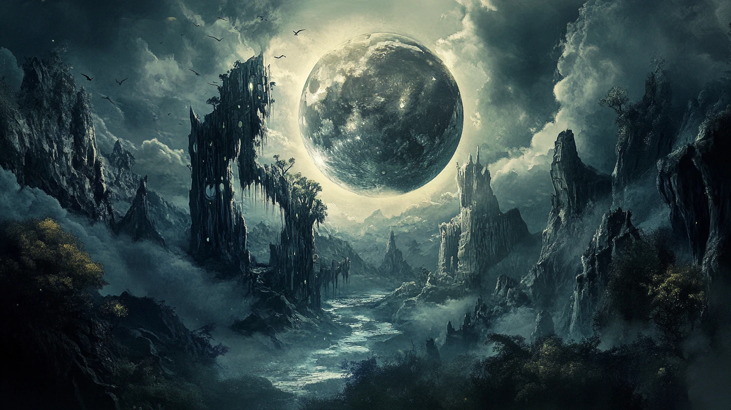 Luna fracturada que revela un mundo encantado en su interior