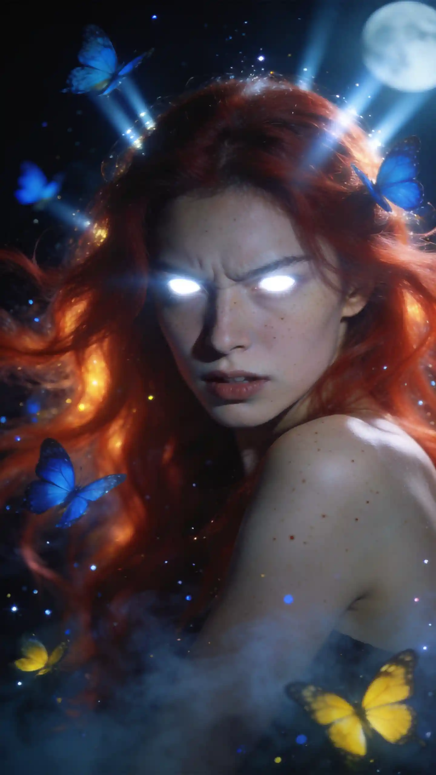 Chica etérea pelirroja con ojos blancos brillantes