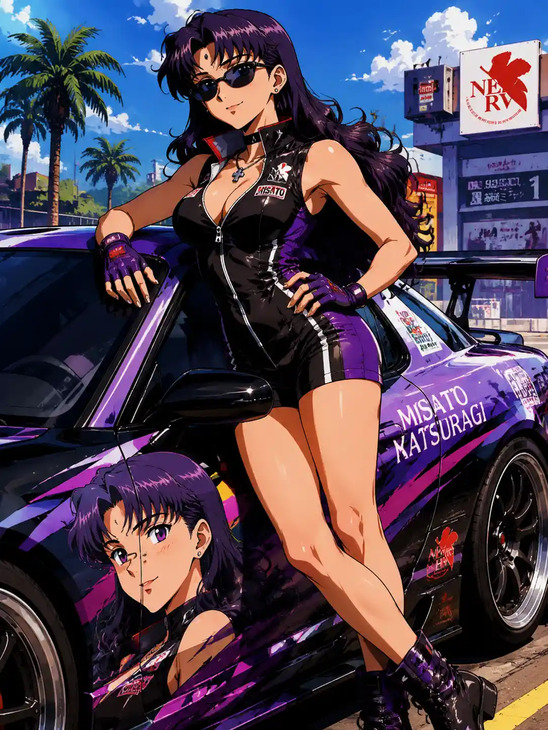 Confident anime racer woman posing by sports car