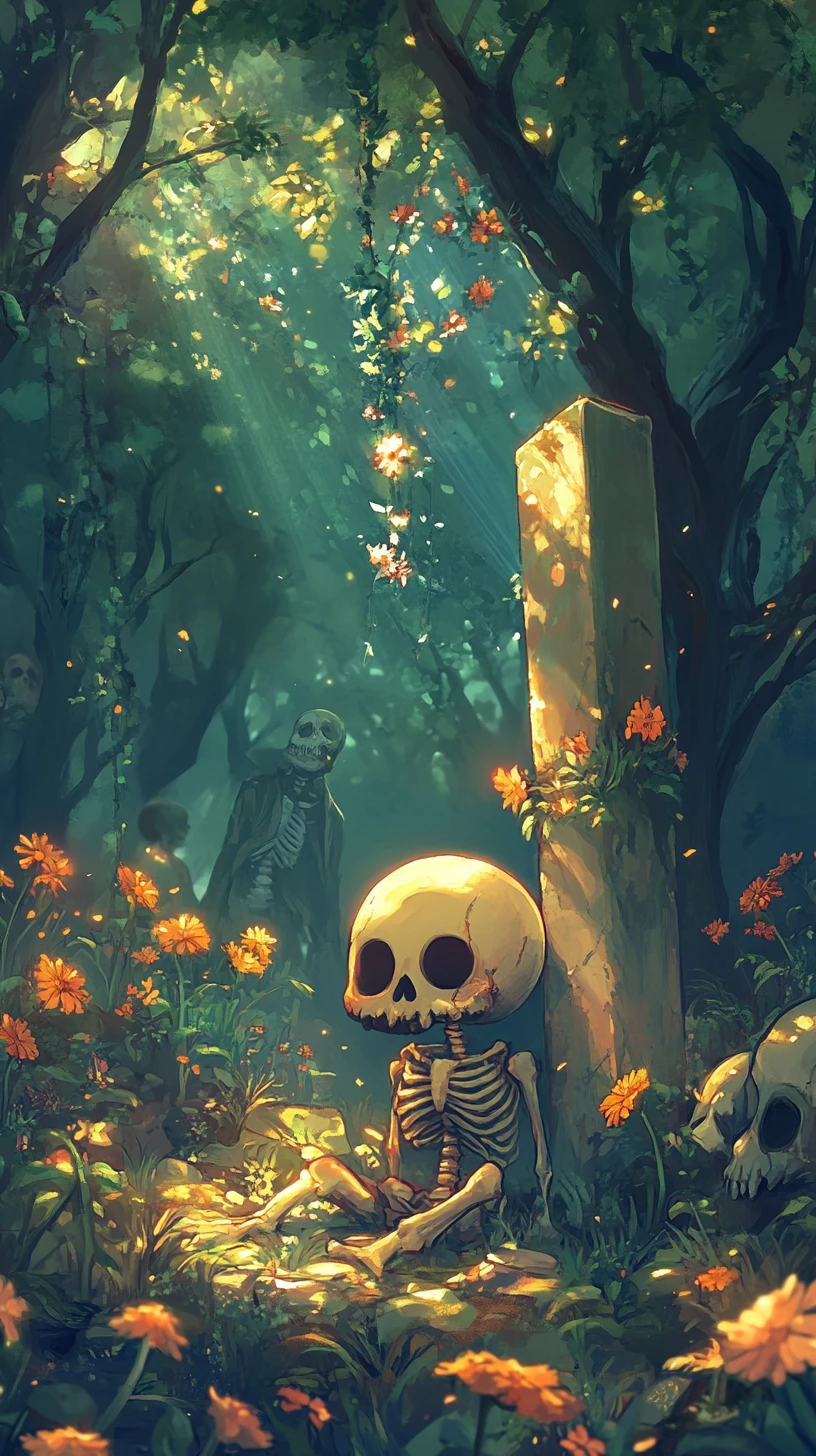 Criatura chibi en un jardín encantado de altísimas flores azules