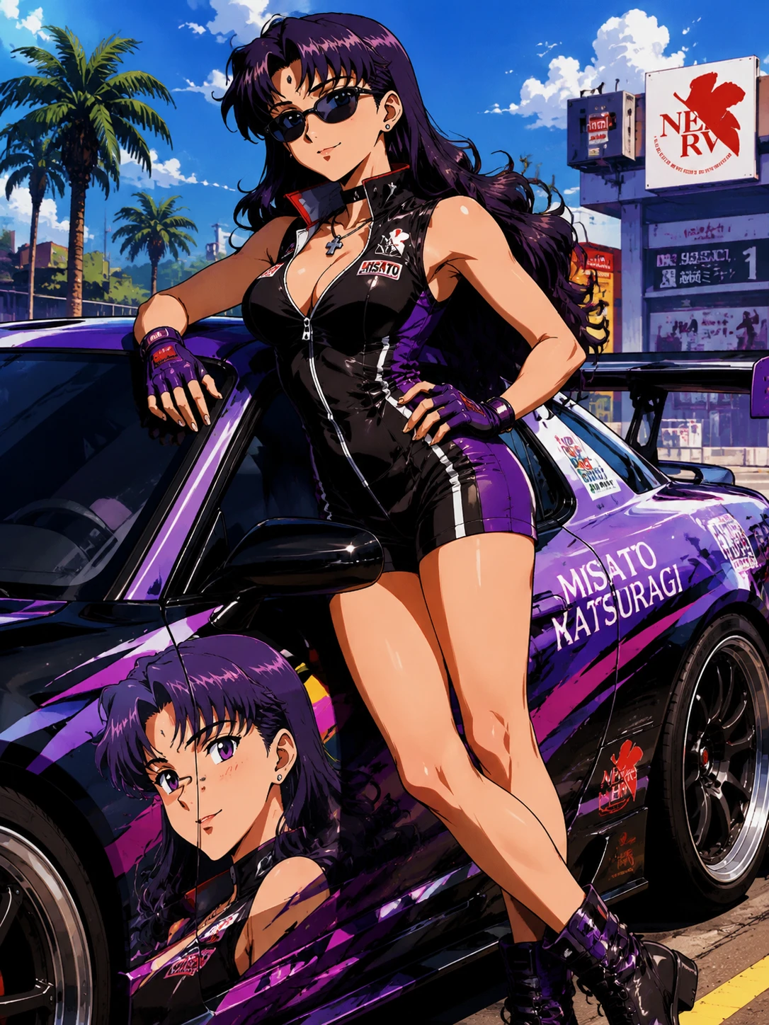 Confident anime racer woman posing by sports car