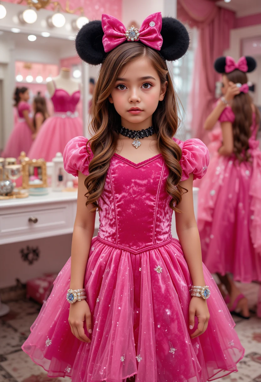 Adolescente nerviosa con vestido rosa de Minnie posando en el cuarto trasero