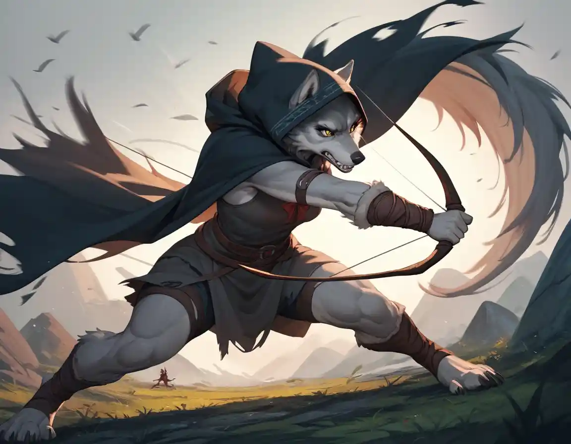 Anthropomorphic Wolf Archer Fighting A Monster With Bow