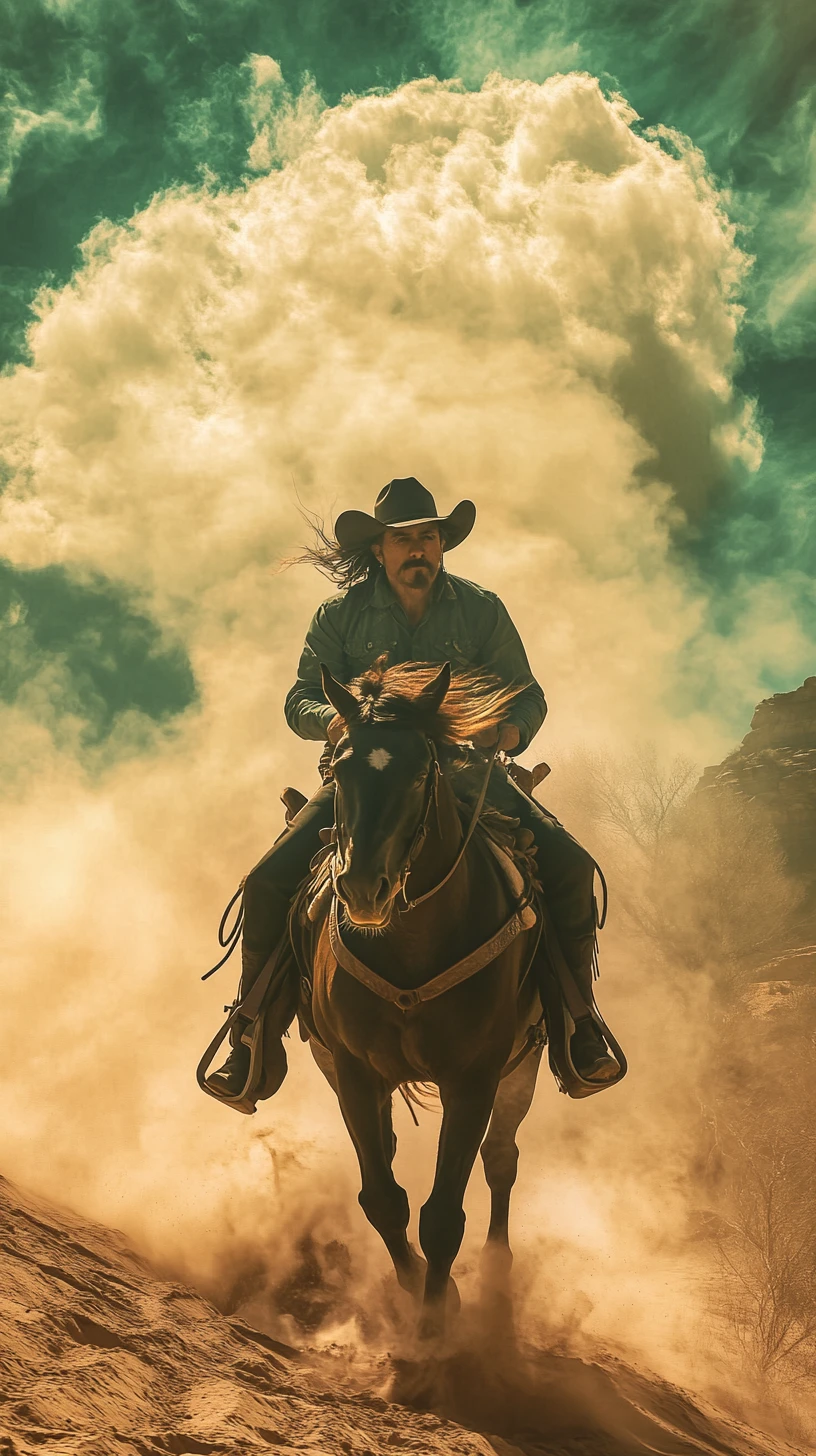 Vaquero cabalgando a través de un vasto desierto del oeste