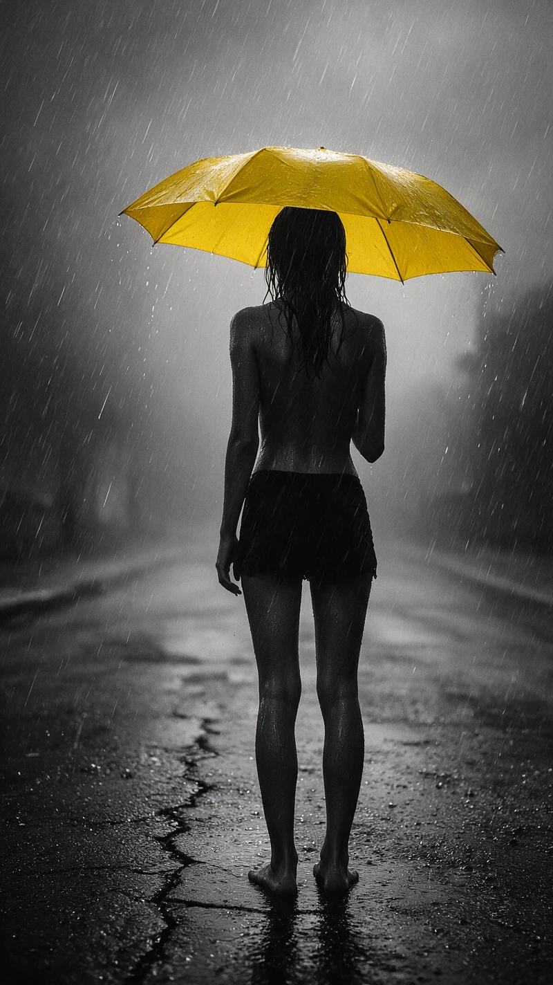 Mujer con paraguas amarillo bajo una fuerte lluvia en la ciudad