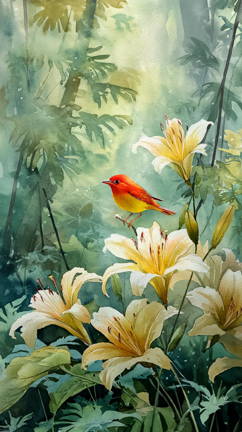 Pájaro amarillo sobre lirios blancos en un bosque acuarela bañado por el sol