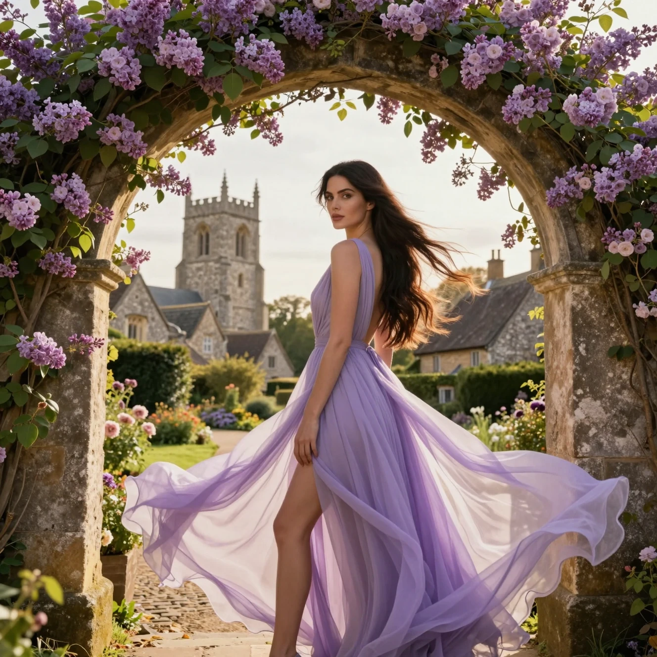 Mujer con vestido lila bajo un arco de piedra cubierto de rosas