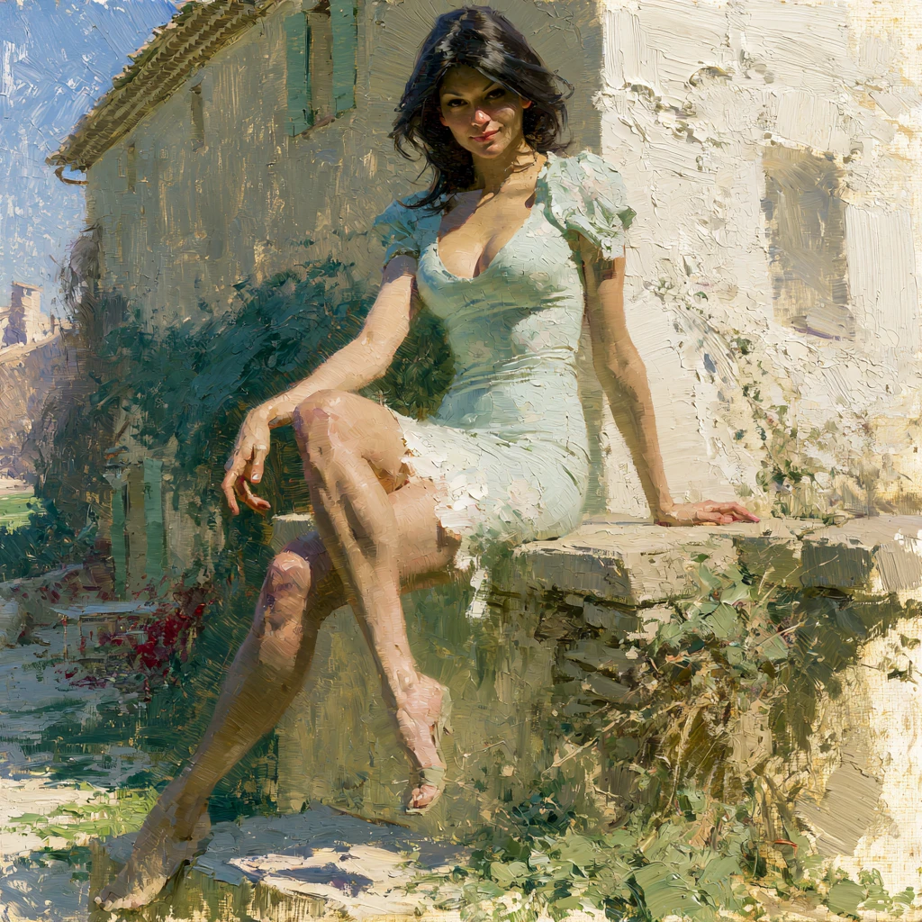 Elegante mujer morena junto a la pared soleada de una casa de campo rural