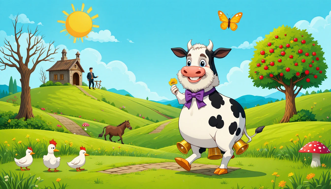 Elderly man dancing in a sunny whimsical countryside scene