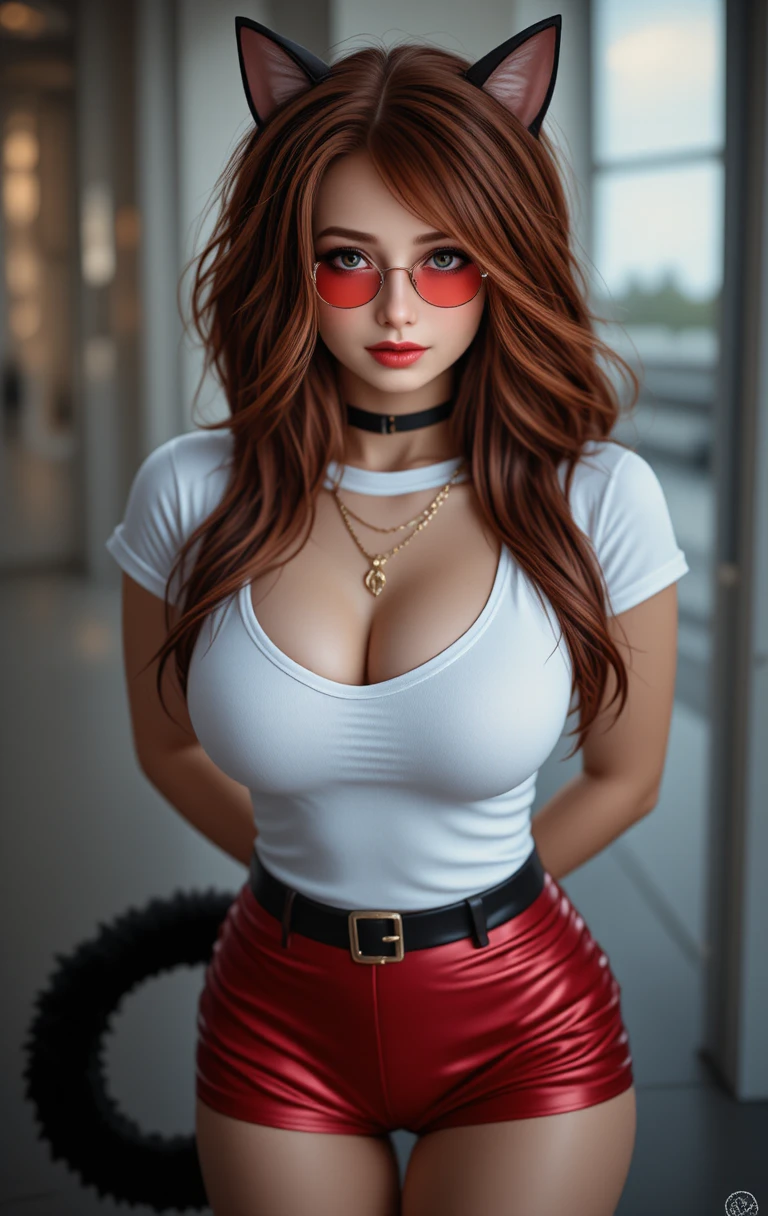 Playful woman in cat costume bending toward the camera