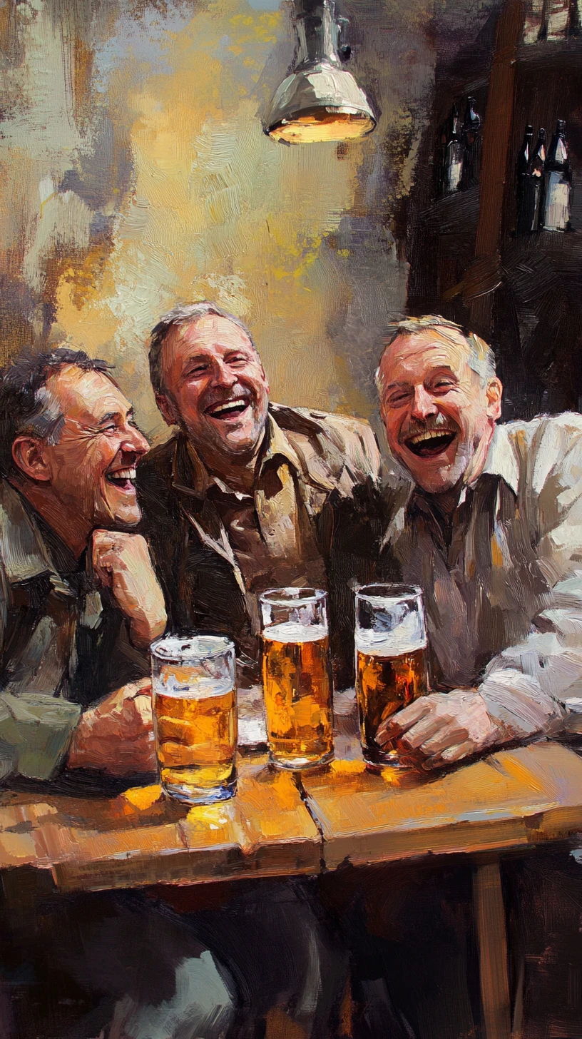 Three men laughing together over beers at a cozy table