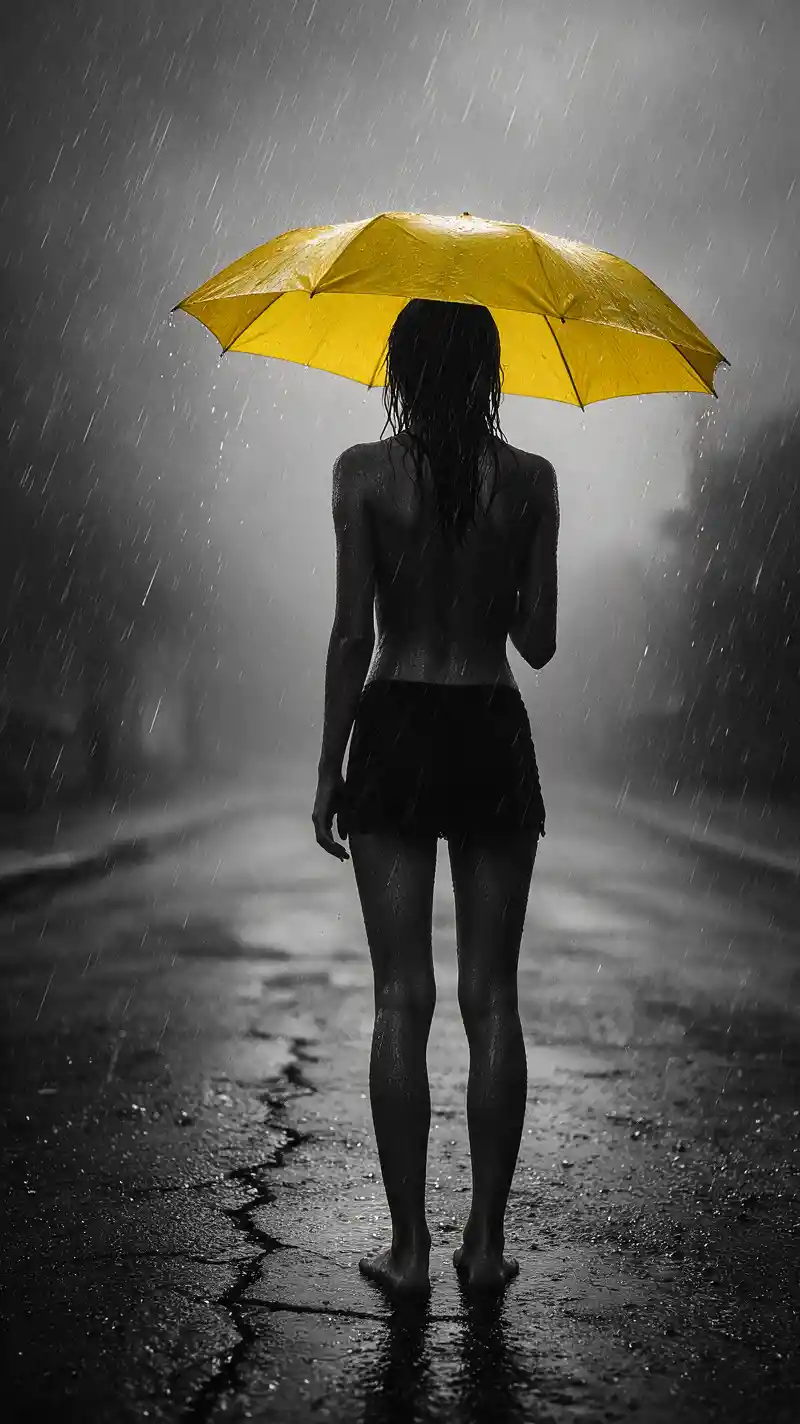 Mujer con paraguas amarillo bajo una fuerte lluvia en la ciudad