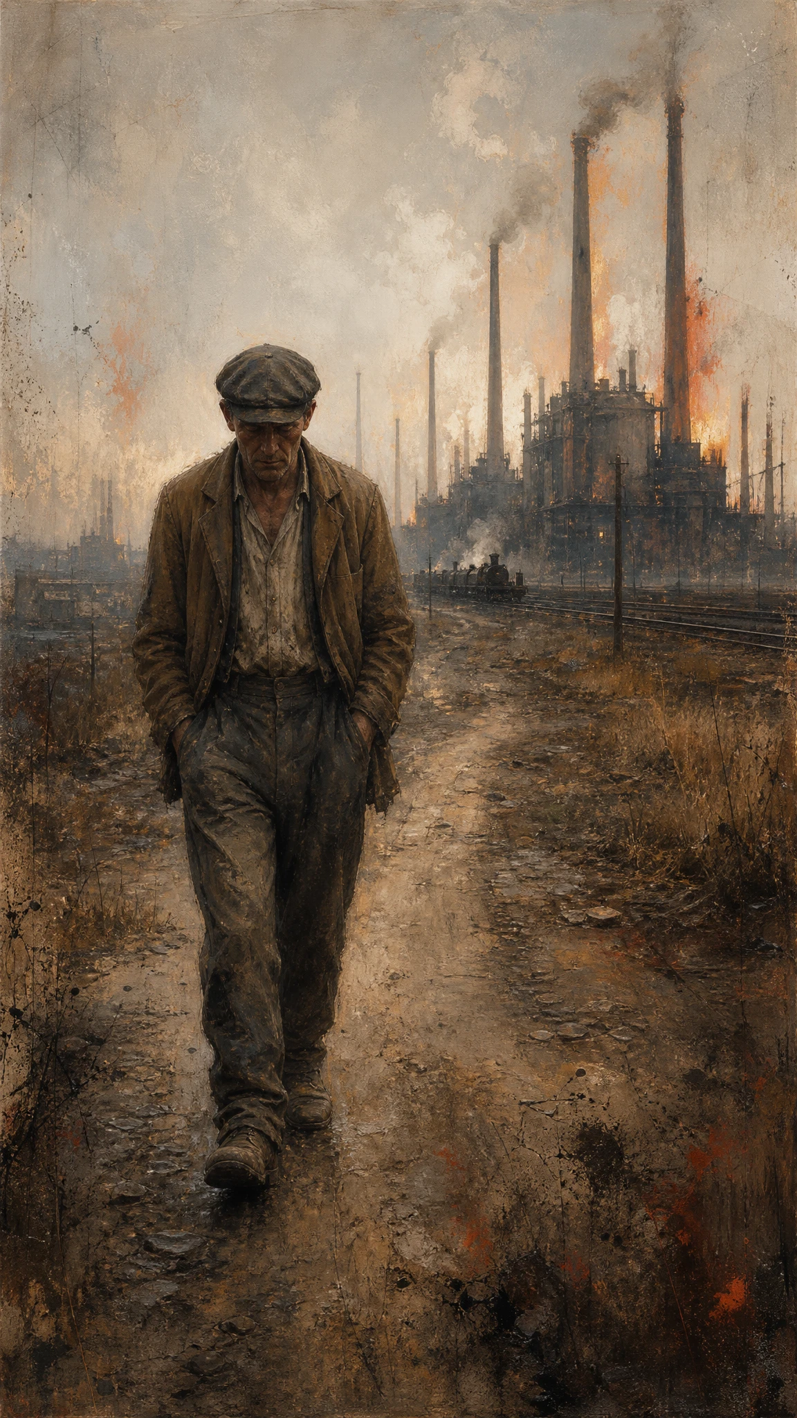 Tired working man walking alone toward distant factory