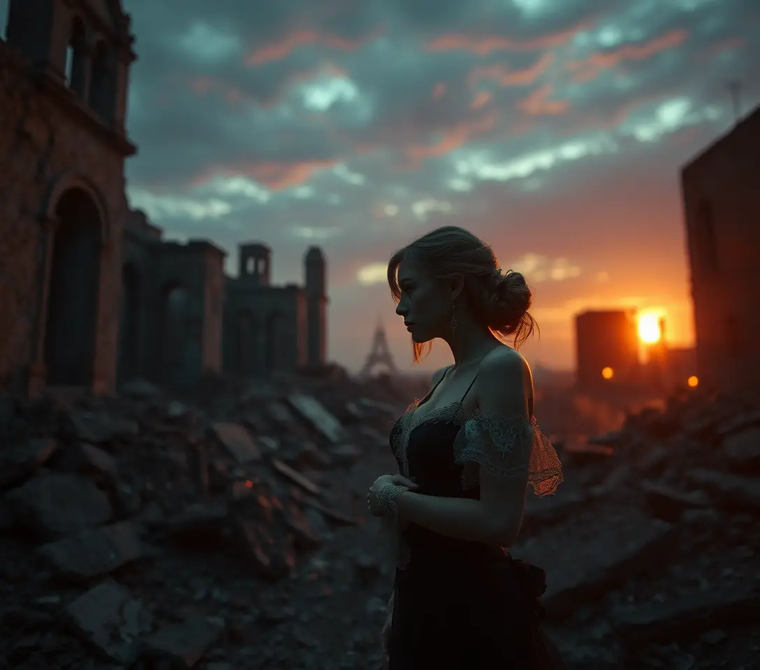 Two women in dawn lit ruins with surreal neon horror