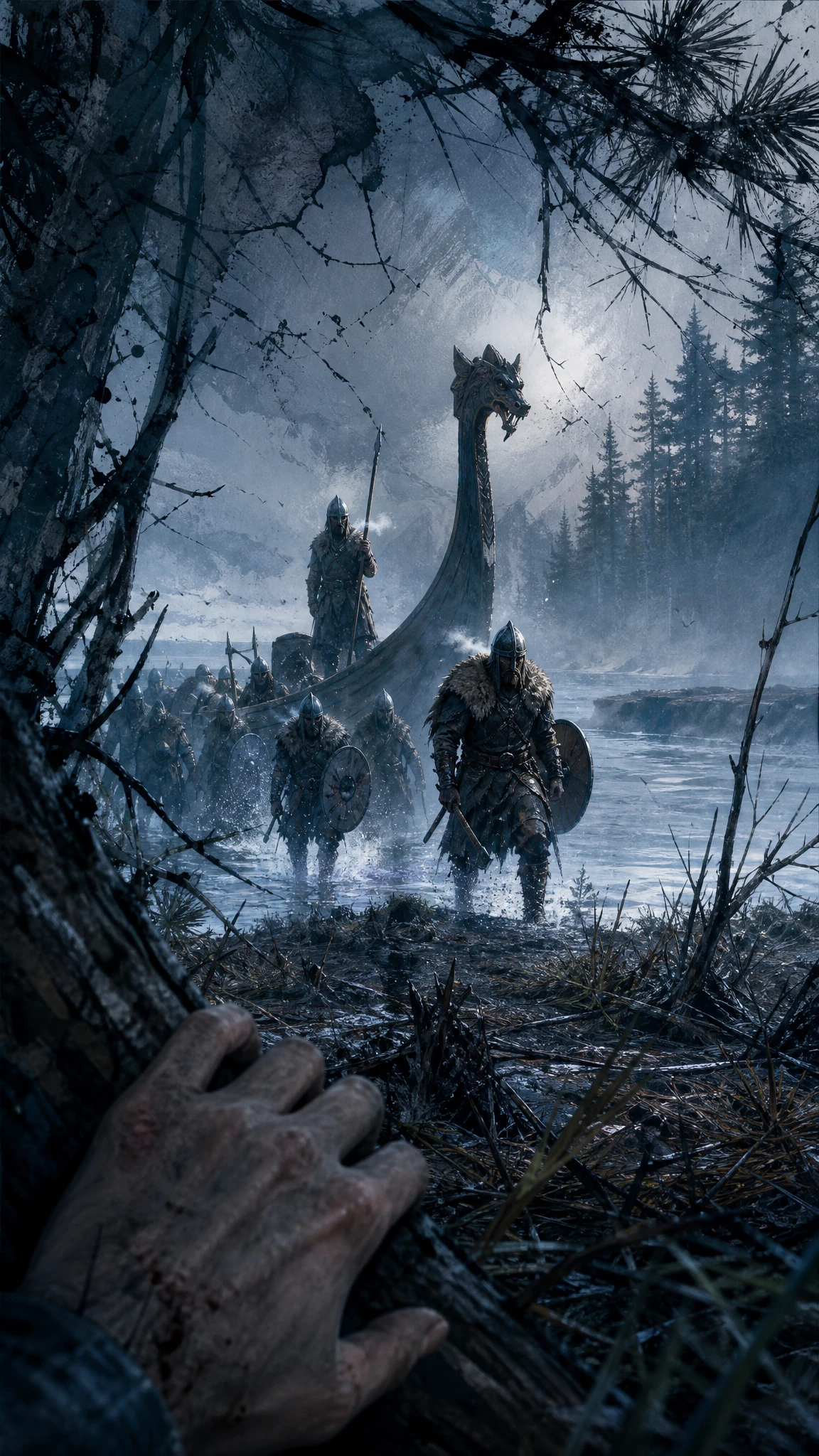 Guerreros vikingos desembarcando en una helada costa boscosa al amanecer