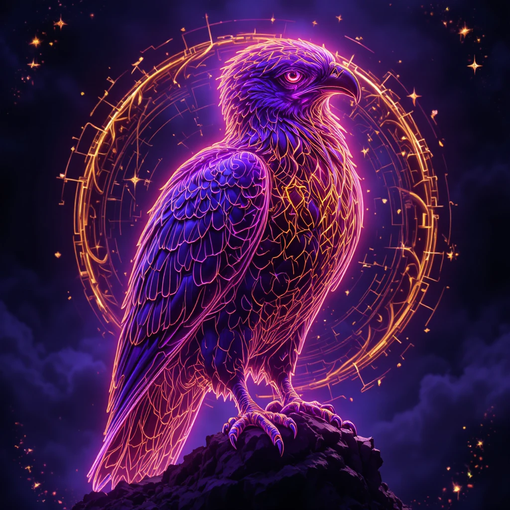 Neon harpy eagle sentinel with mystical golden aura