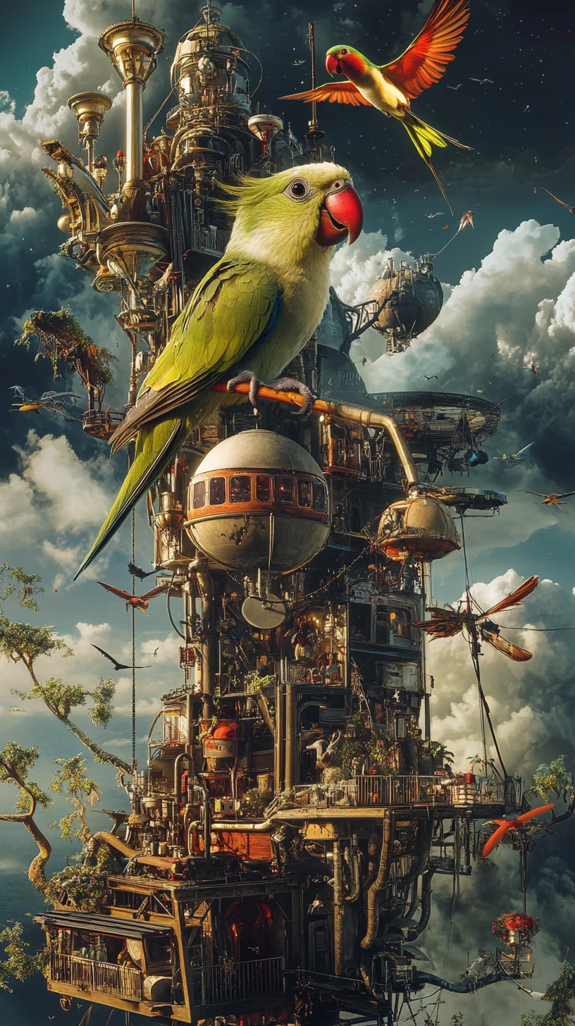 Submarine periscope raised toward a sky of bright parakeets