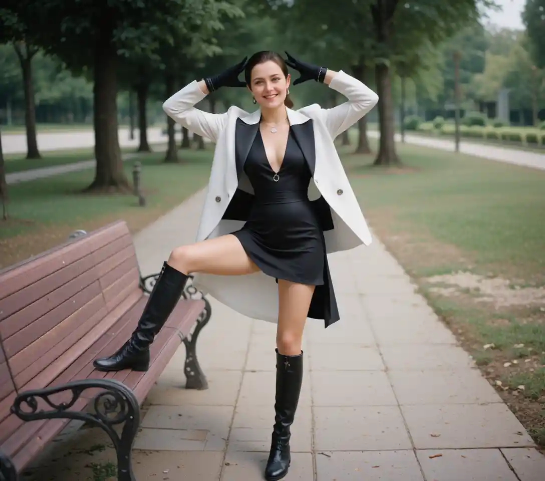 Fashion model posing on bench in black boots and gloves