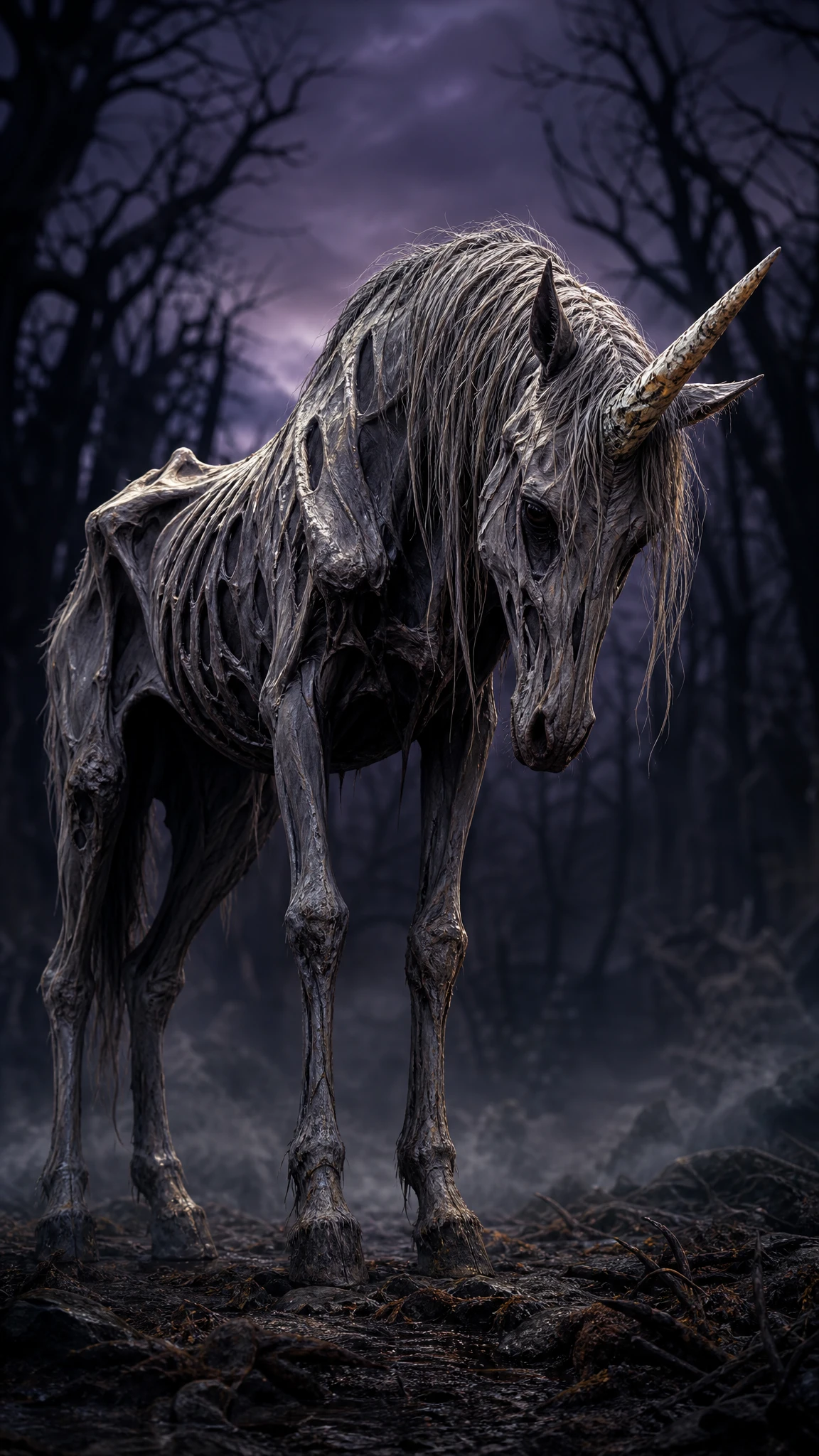 Unicorno scheletrico in una radura di foresta fantasy al crepuscolo nebbioso