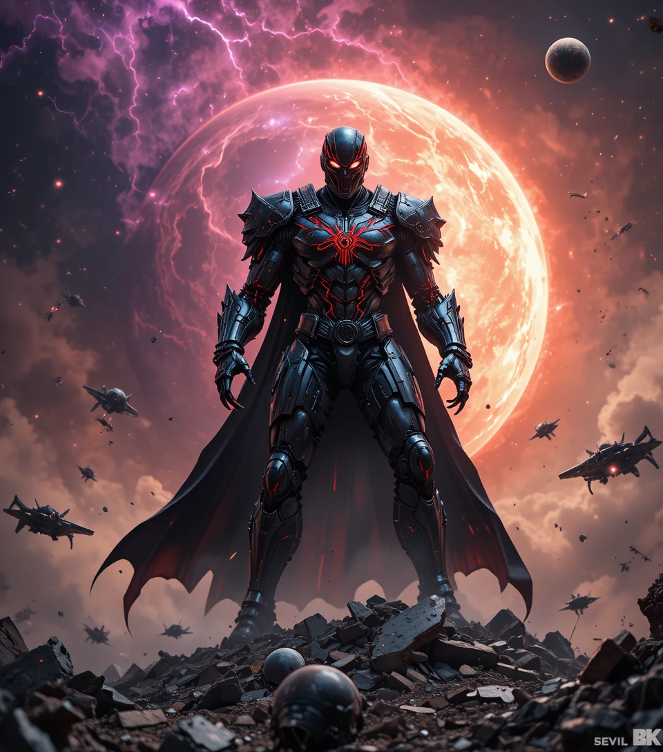 Armored galactic warlord over shattered battle cruiser wreckage