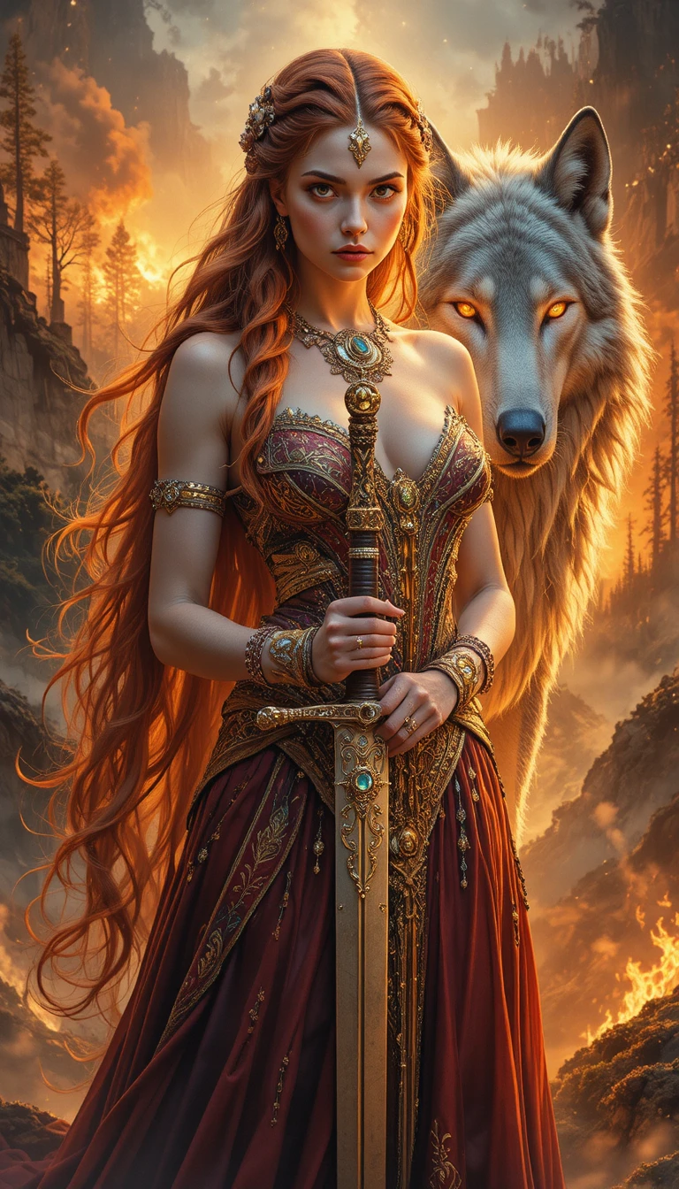 Novia guerrera vikinga con lobo en paisaje de fantasía en llamas