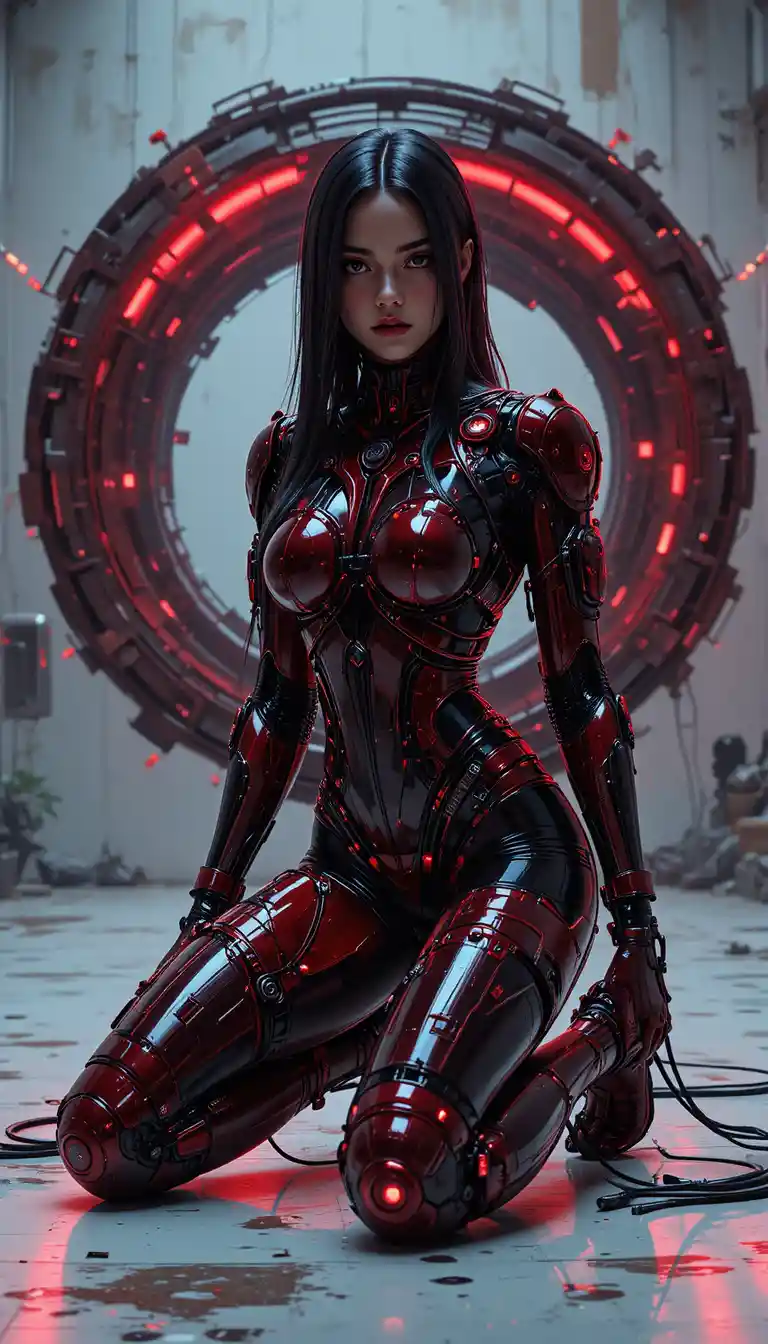 Cyberpunk-Frau, die in roter biomechanischer Rüstung kniet