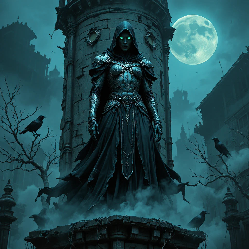 Nocturnal guardian on a crumbling gothic tower at night