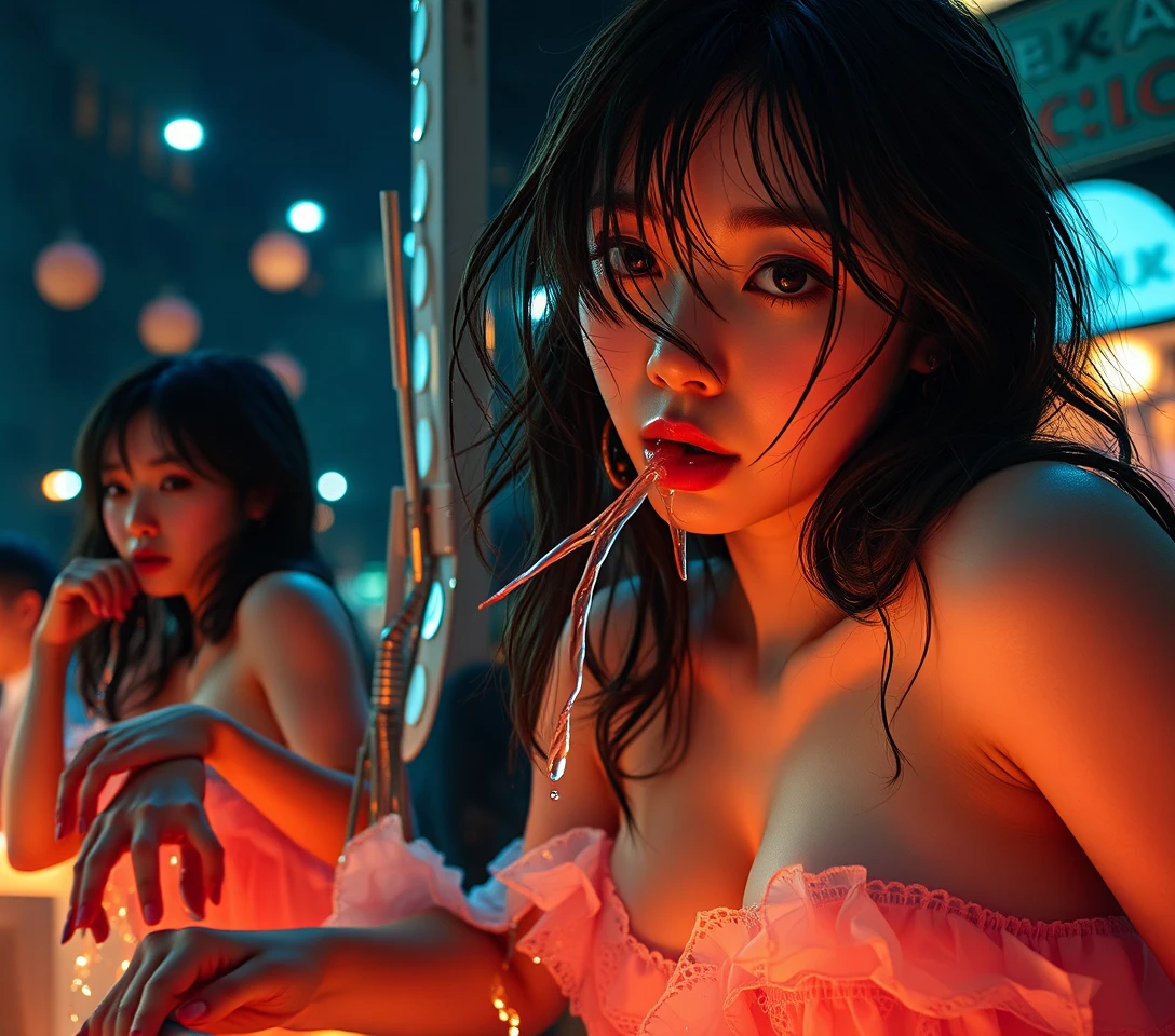 真夜中の揺らめくアングルから描かれたシュールな女性像